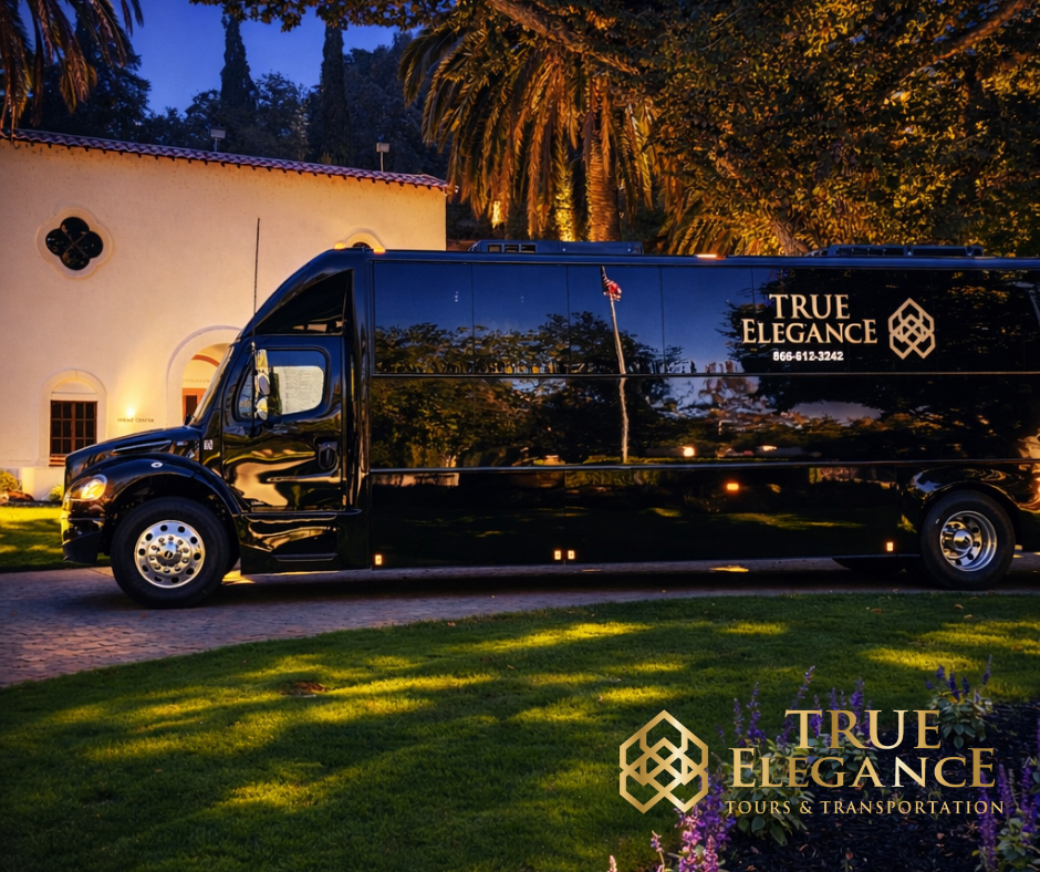 True Elegance black executive shuttle parked at a Napa Valley estate at dusk